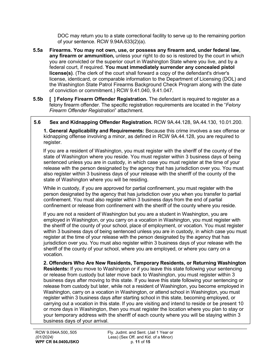 Form WPF CR84.0400JSKO Felony Judgment and Sentence - Jail One Year or Less (Sex Offense and Kidnapping of a Minor) - Washington, Page 11