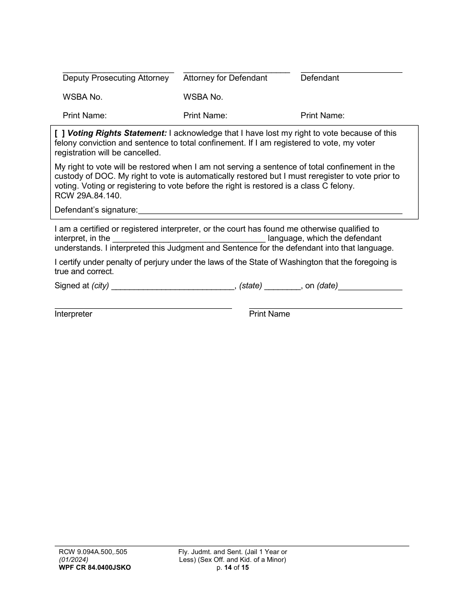 Form WPF CR84.0400JSKO Felony Judgment and Sentence - Jail One Year or Less (Sex Offense and Kidnapping of a Minor) - Washington, Page 14