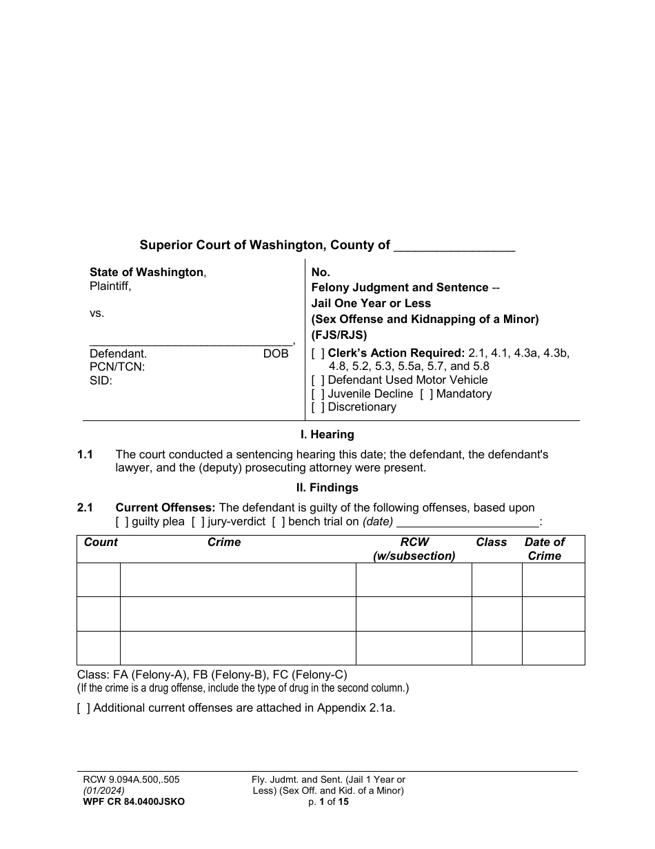 Form WPF CR84.0400JSKO Felony Judgment and Sentence - Jail One Year or Less (Sex Offense and Kidnapping of a Minor) - Washington, Page 1