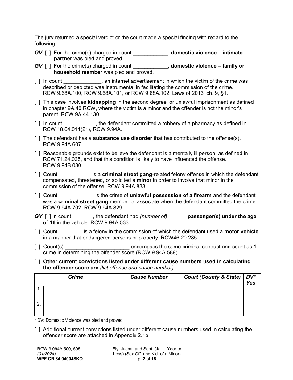 Form WPF CR84.0400JSKO Felony Judgment and Sentence - Jail One Year or Less (Sex Offense and Kidnapping of a Minor) - Washington, Page 2