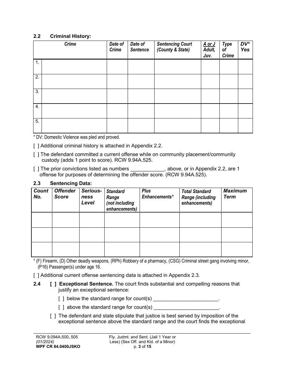 Form WPF CR84.0400JSKO Felony Judgment and Sentence - Jail One Year or Less (Sex Offense and Kidnapping of a Minor) - Washington, Page 3