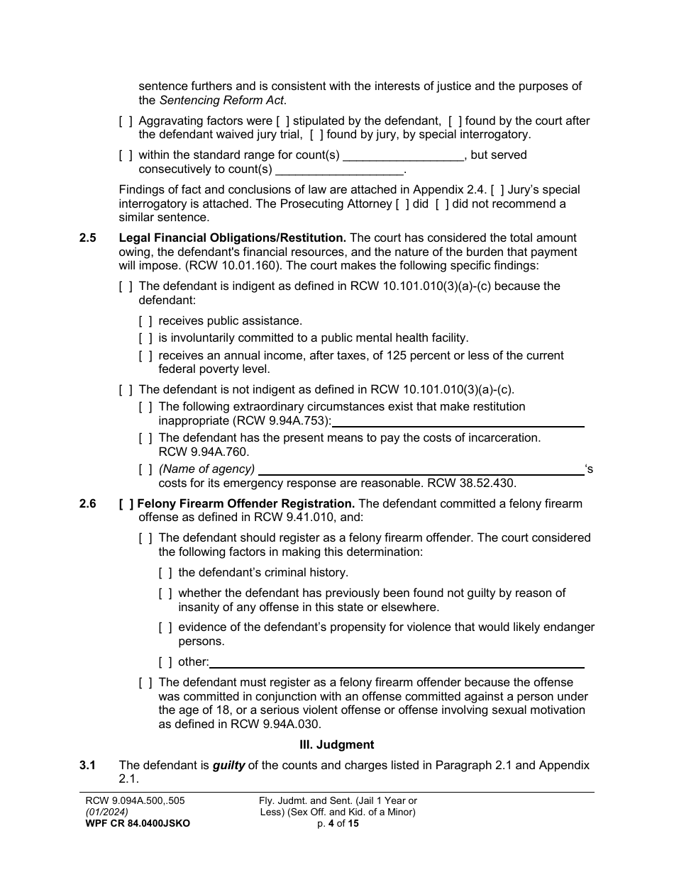 Form WPF CR84.0400JSKO Felony Judgment and Sentence - Jail One Year or Less (Sex Offense and Kidnapping of a Minor) - Washington, Page 4