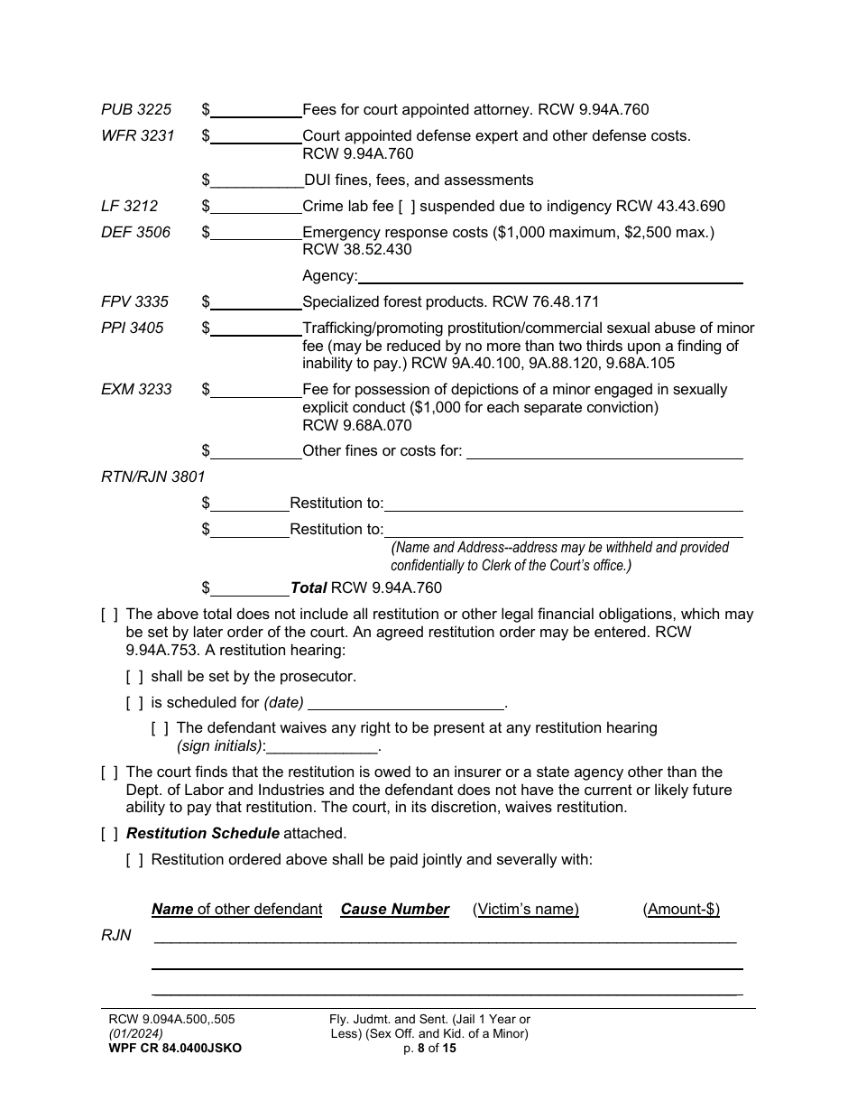 Form WPF CR84.0400JSKO Felony Judgment and Sentence - Jail One Year or Less (Sex Offense and Kidnapping of a Minor) - Washington, Page 8