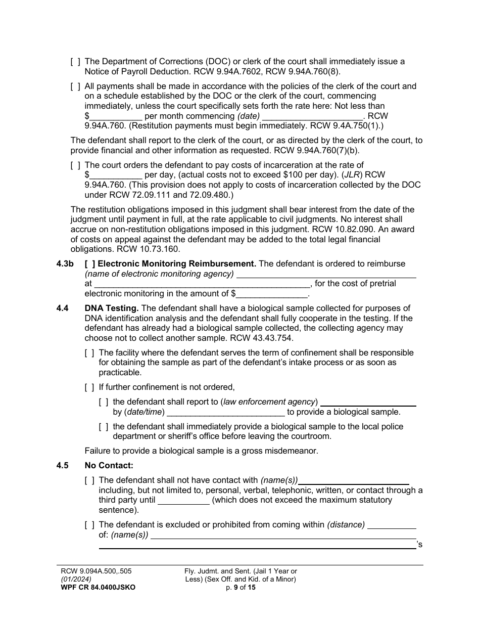 Form WPF CR84.0400JSKO Felony Judgment and Sentence - Jail One Year or Less (Sex Offense and Kidnapping of a Minor) - Washington, Page 9