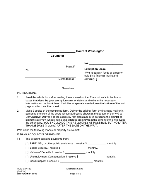 Form WPF GARN01.0500 Exemption Claim (Writ to Garnish Funds or Property Held by a Financial Institution) - Washington