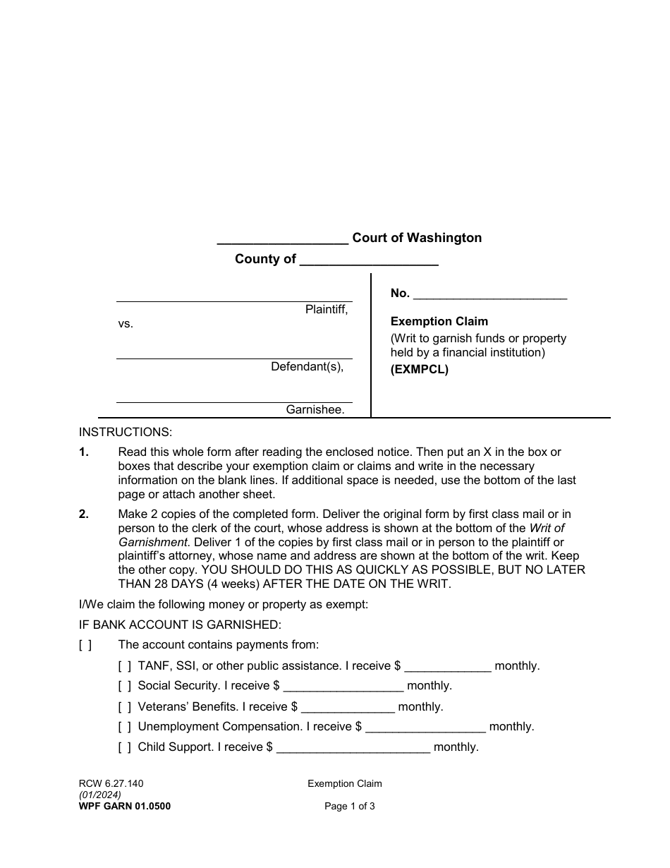 Form WPF GARN01.0500 Exemption Claim (Writ to Garnish Funds or Property Held by a Financial Institution) - Washington, Page 1