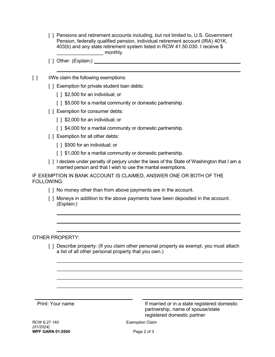 Form WPF GARN01.0500 Exemption Claim (Writ to Garnish Funds or Property Held by a Financial Institution) - Washington, Page 2