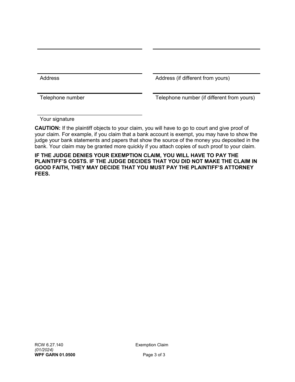 Form WPF GARN01.0500 Exemption Claim (Writ to Garnish Funds or Property Held by a Financial Institution) - Washington, Page 3