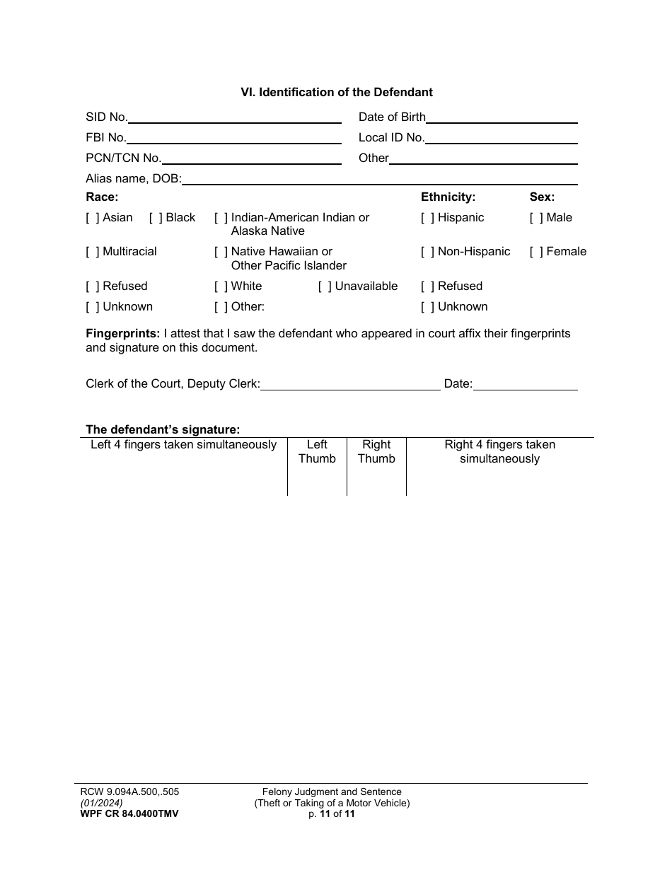 Form WPF CR84.0400 TMV Felony Judgment and Sentence - Theft or Taking of a Motor Vehicle - Washington, Page 11