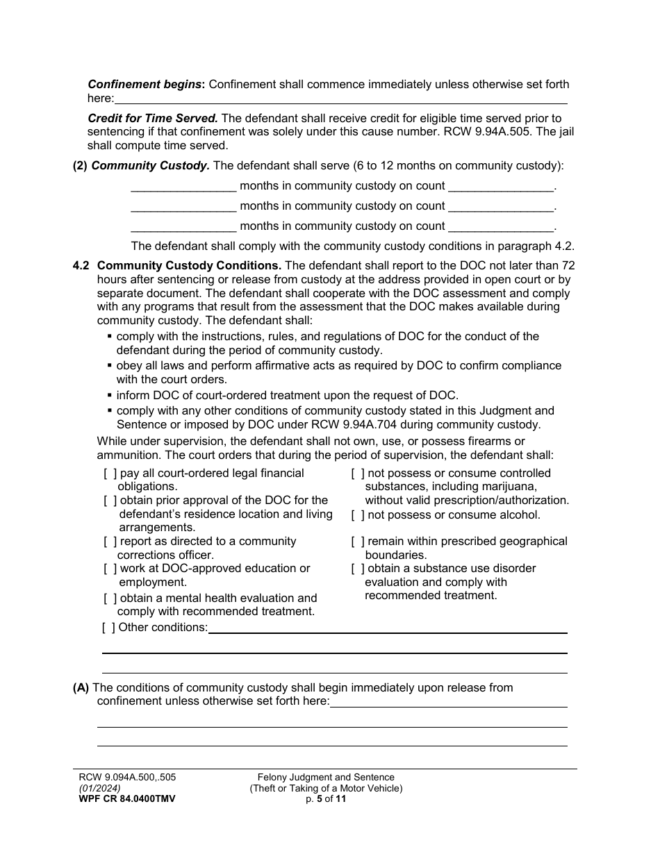 Form WPF CR84.0400 TMV Felony Judgment and Sentence - Theft or Taking of a Motor Vehicle - Washington, Page 5