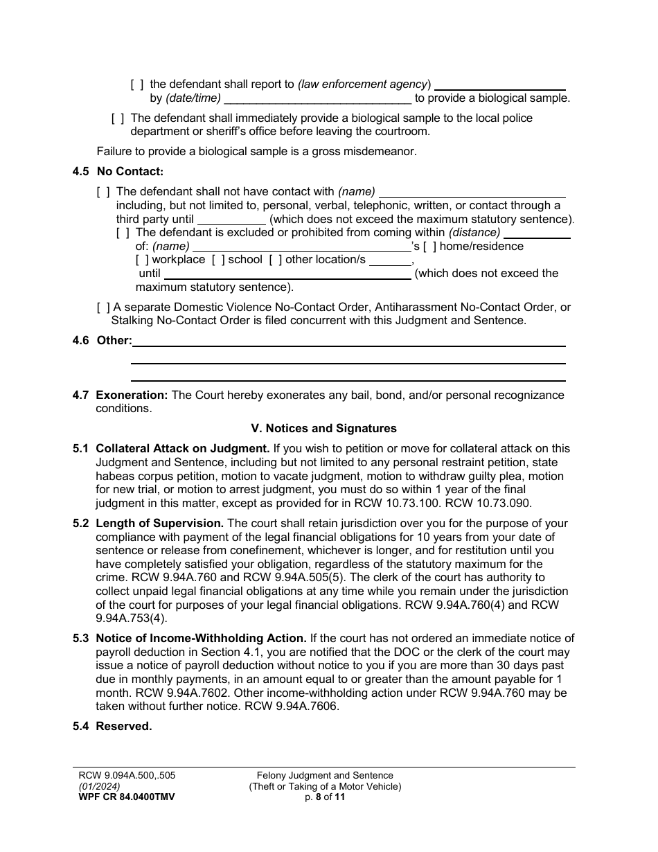Form WPF CR84.0400 TMV Felony Judgment and Sentence - Theft or Taking of a Motor Vehicle - Washington, Page 8