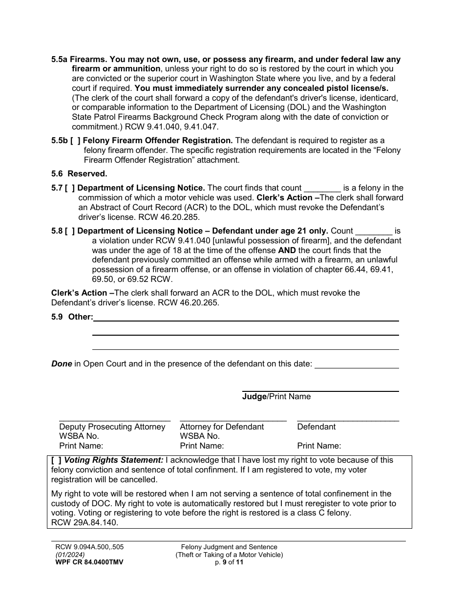 Form WPF CR84.0400 TMV Felony Judgment and Sentence - Theft or Taking of a Motor Vehicle - Washington, Page 9
