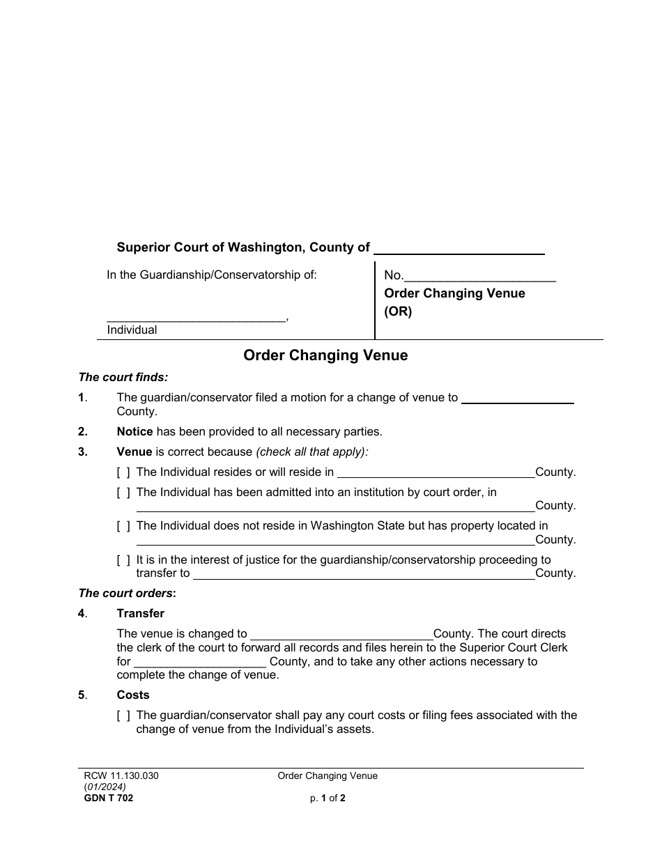 Form GDN T702 Order Changing Venue - Washington, Page 1