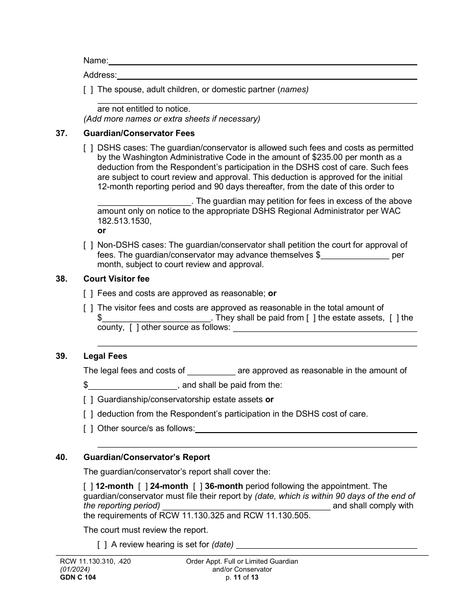 Form GDN C104 Order Appointing Full or Limited Guardian and / or Conservator - Washington, Page 11