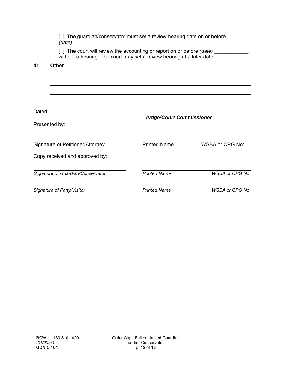 Form GDN C104 Order Appointing Full or Limited Guardian and / or Conservator - Washington, Page 12