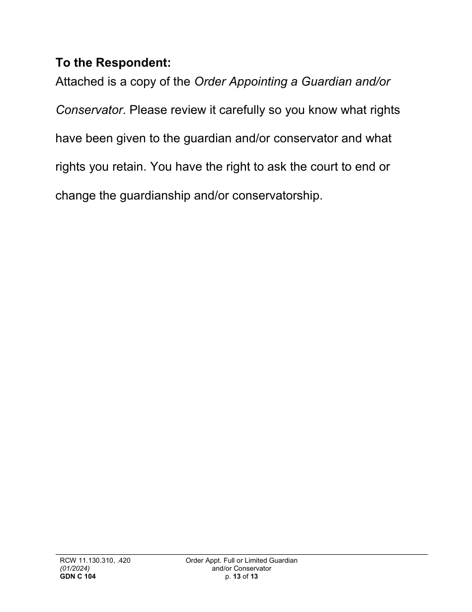 Form GDN C104 Order Appointing Full or Limited Guardian and / or Conservator - Washington, Page 13