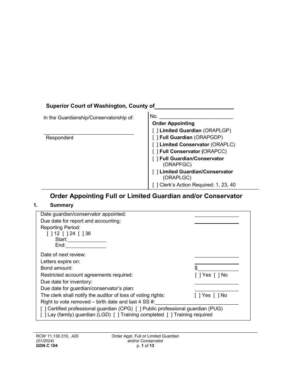 Form GDN C104 Order Appointing Full or Limited Guardian and / or Conservator - Washington, Page 1