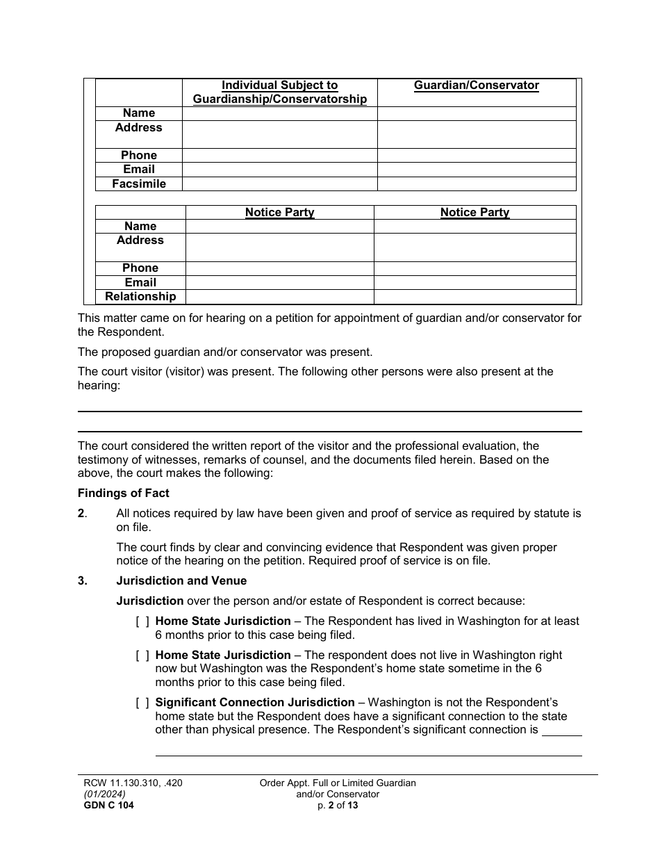 Form GDN C104 Order Appointing Full or Limited Guardian and / or Conservator - Washington, Page 2