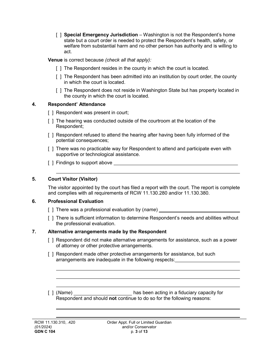 Form GDN C104 Order Appointing Full or Limited Guardian and / or Conservator - Washington, Page 3