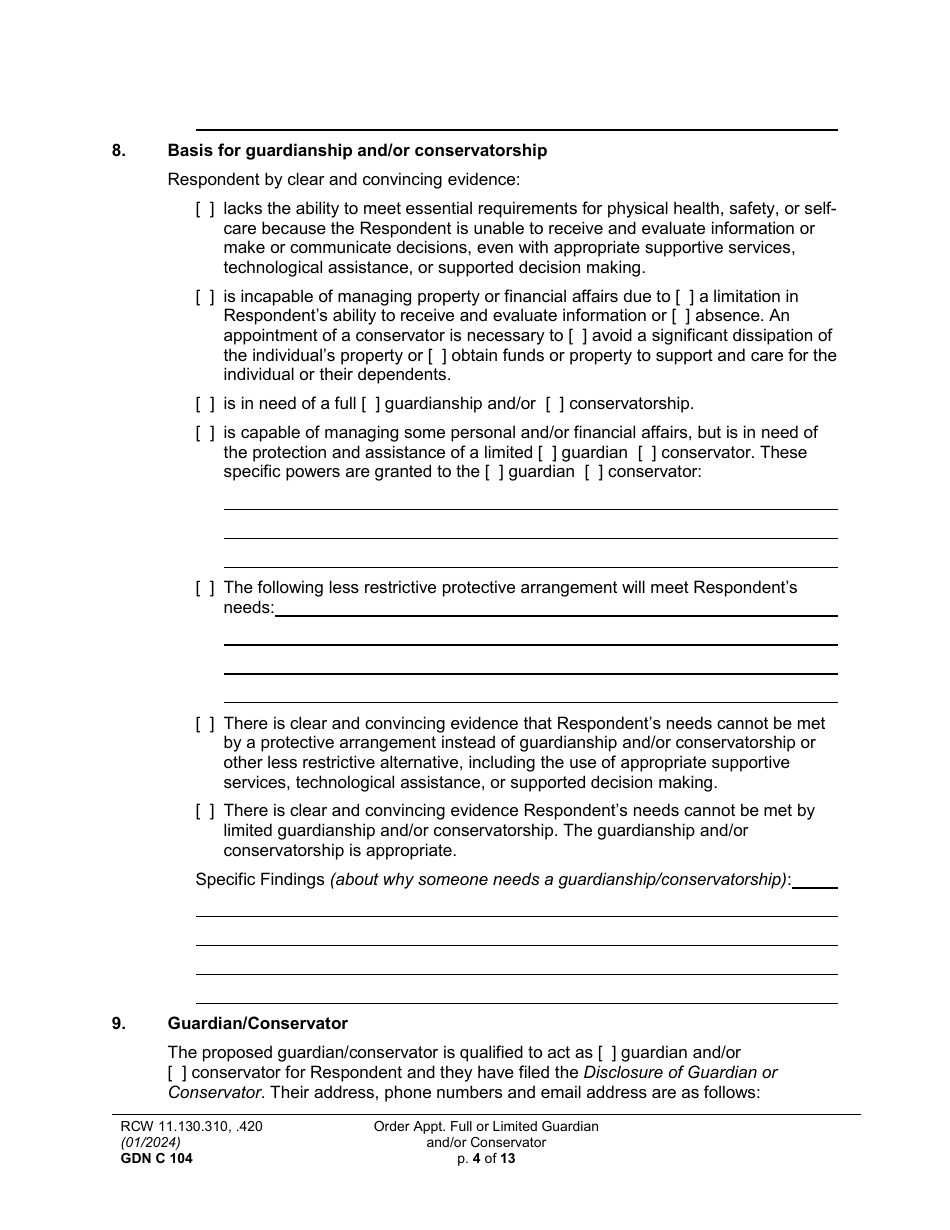 Form GDN C104 Order Appointing Full or Limited Guardian and / or Conservator - Washington, Page 4