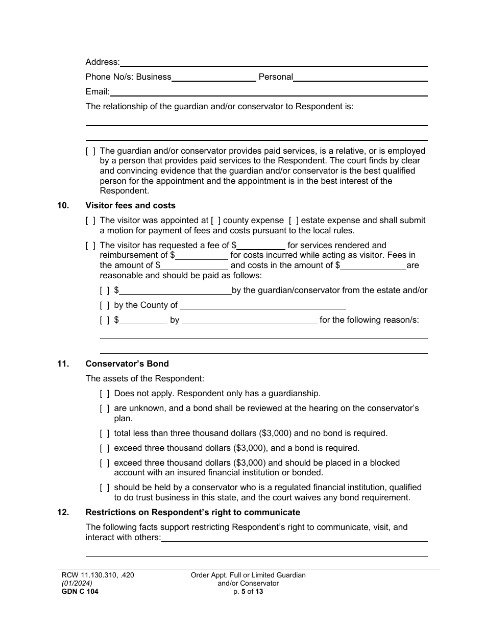 Form GDN C104 Order Appointing Full or Limited Guardian and / or Conservator - Washington, Page 5