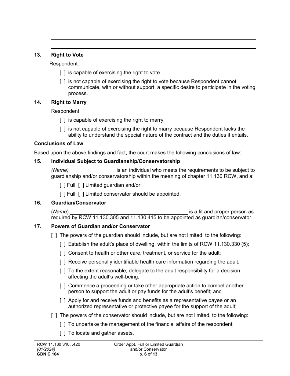 Form GDN C104 Order Appointing Full or Limited Guardian and / or Conservator - Washington, Page 6