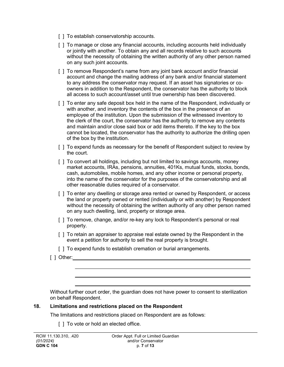 Form GDN C104 Order Appointing Full or Limited Guardian and / or Conservator - Washington, Page 7