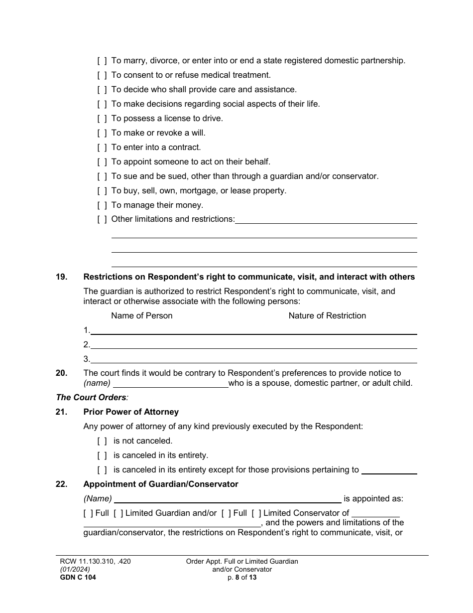 Form GDN C104 Order Appointing Full or Limited Guardian and / or Conservator - Washington, Page 8