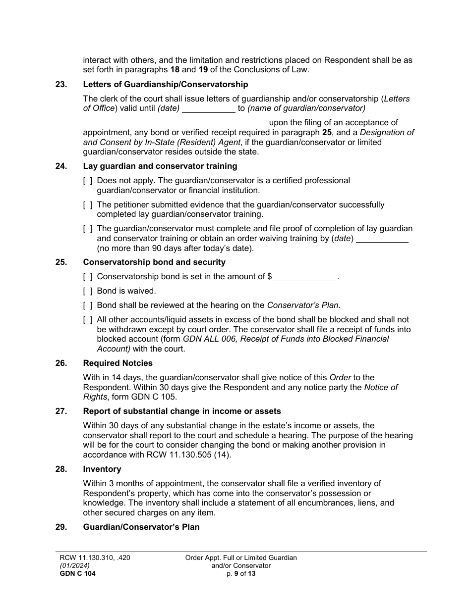 Form GDN C104 Order Appointing Full or Limited Guardian and / or Conservator - Washington, Page 9
