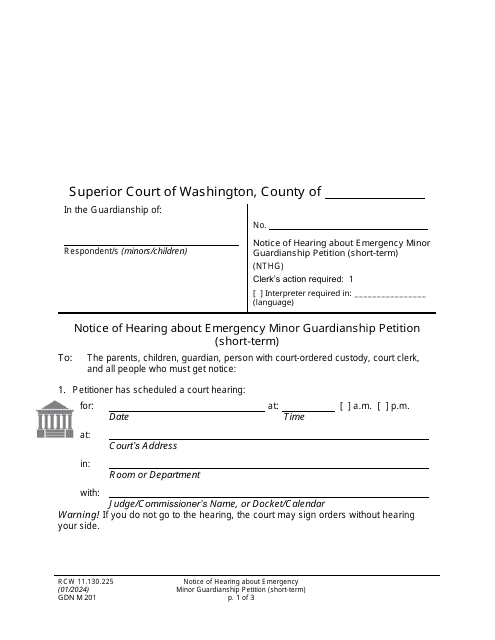 Form GDN M201 Notice of Hearing About an Emergency Minor Guardianship Petition (Short-Term) - Washington