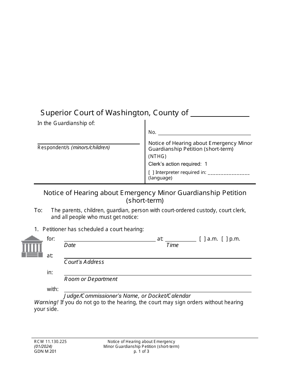 Form GDN M201 Notice of Hearing About an Emergency Minor Guardianship Petition (Short-Term) - Washington, Page 1