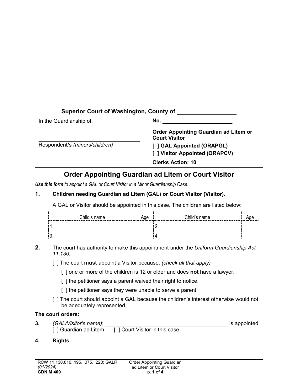 Form GDN M409 Order Appointing Guardian Ad Litem or Court Visitor - Washington, Page 1
