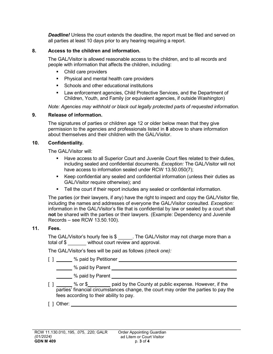 Form GDN M409 Order Appointing Guardian Ad Litem or Court Visitor - Washington, Page 3