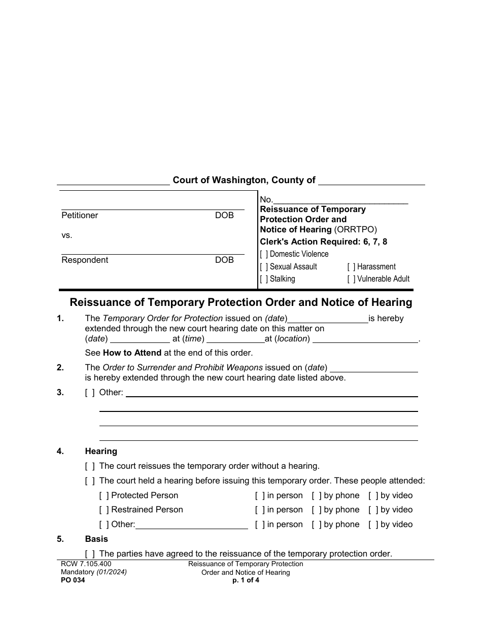 Form PO034 Reissuance of Temporary Protection Order and Notice of Hearing - Washington, Page 1