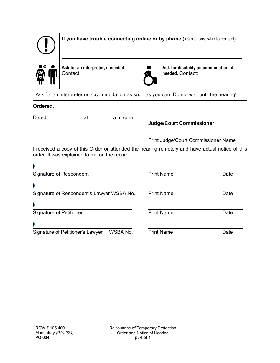 Form PO034 Reissuance of Temporary Protection Order and Notice of Hearing - Washington, Page 4