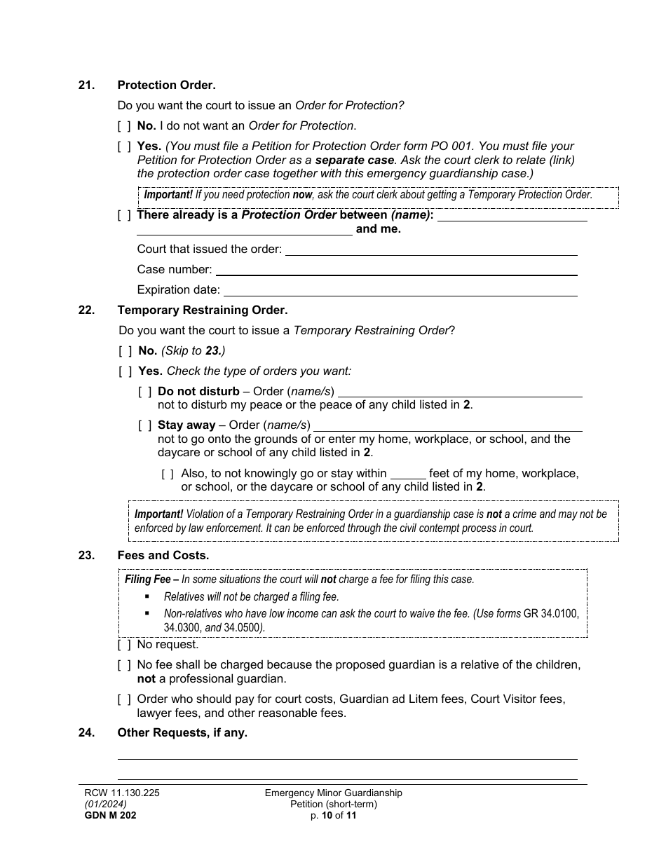 Form GDN M202 Emergency Minor Guardianship Petition (Short-Term) - Washington, Page 10