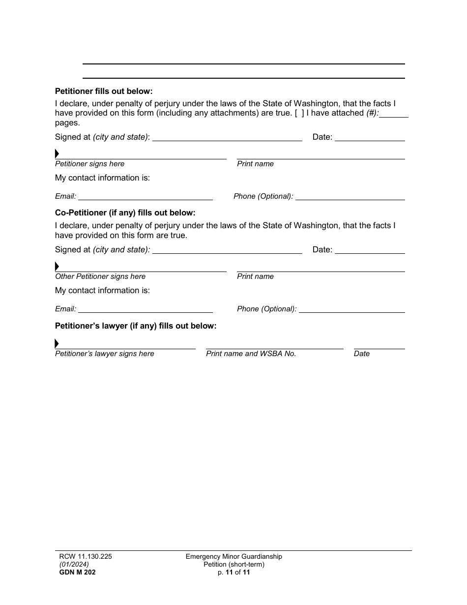 Form GDN M202 Emergency Minor Guardianship Petition (Short-Term) - Washington, Page 11