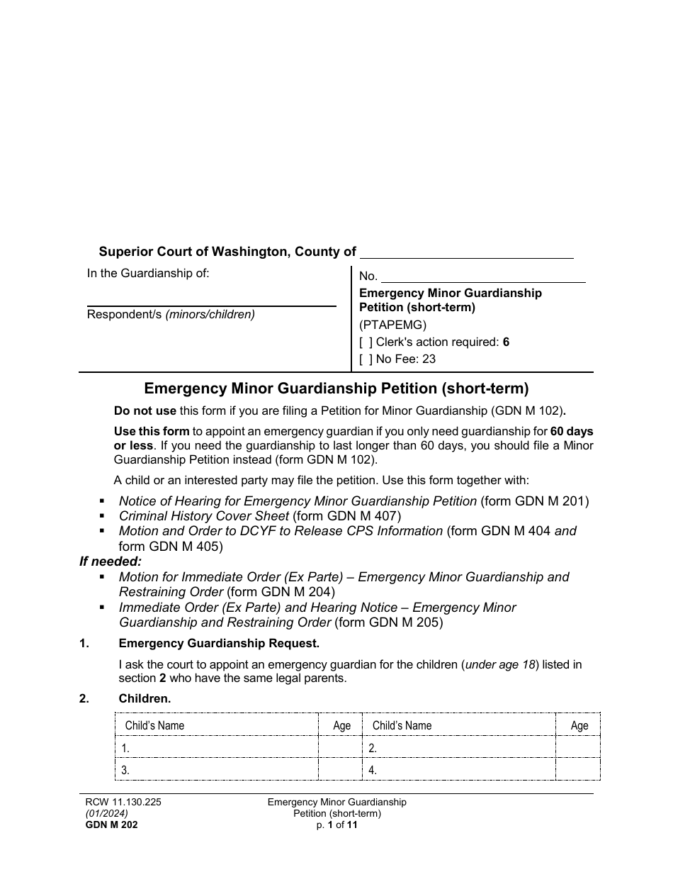 Form GDN M202 Emergency Minor Guardianship Petition (Short-Term) - Washington, Page 1