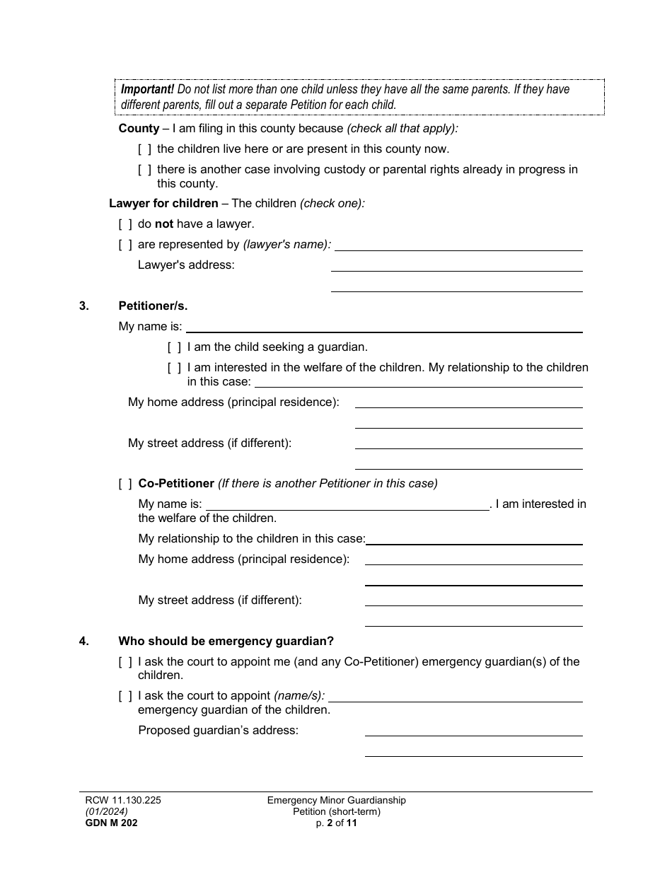 Form GDN M202 Emergency Minor Guardianship Petition (Short-Term) - Washington, Page 2