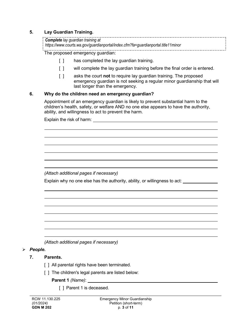 Form GDN M202 Emergency Minor Guardianship Petition (Short-Term) - Washington, Page 3