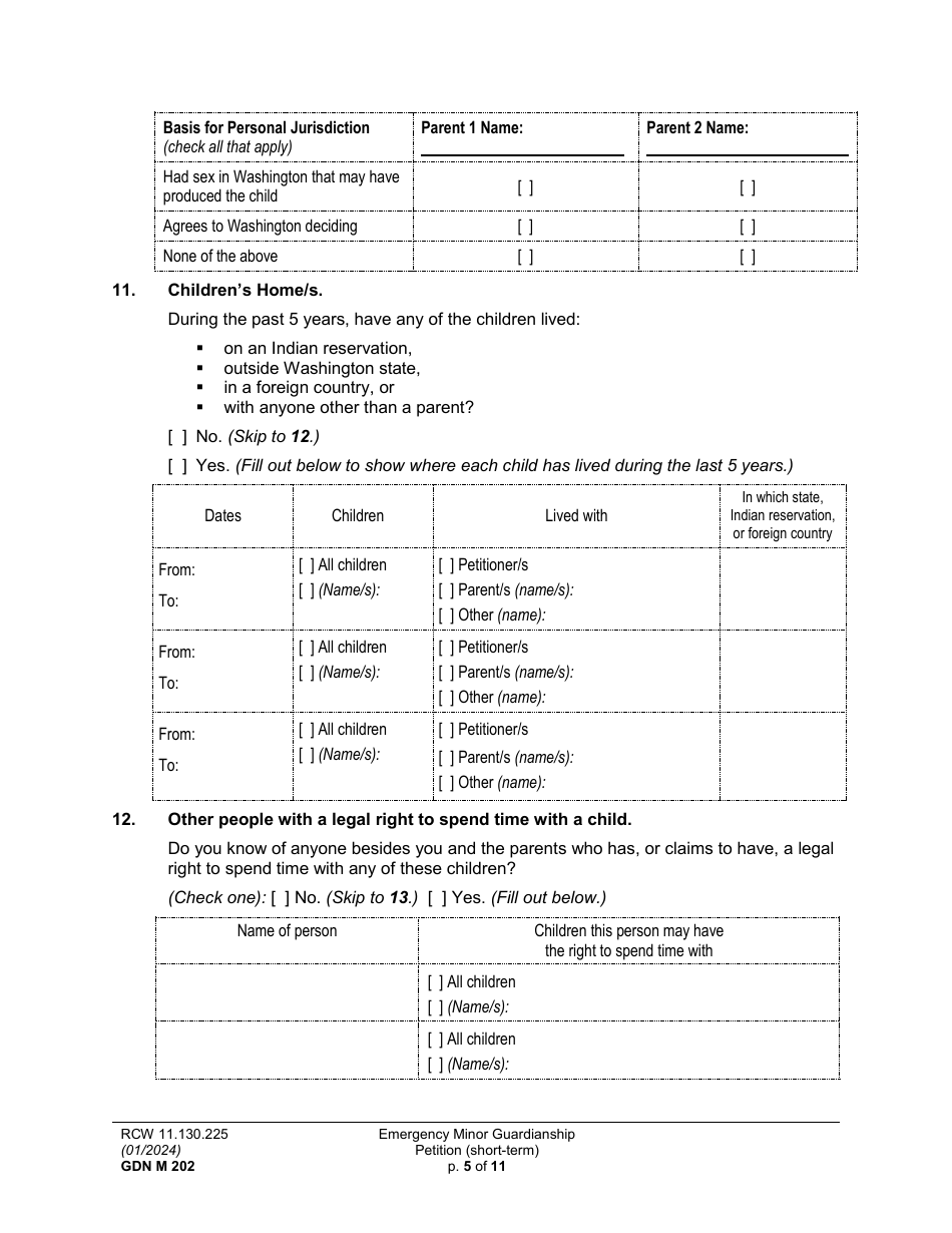 Form GDN M202 Emergency Minor Guardianship Petition (Short-Term) - Washington, Page 5