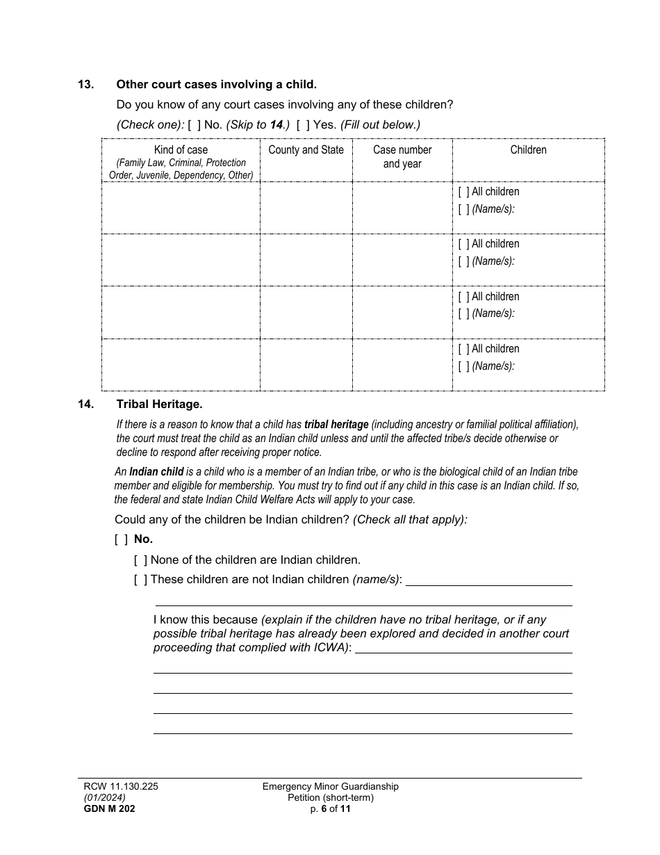 Form GDN M202 Emergency Minor Guardianship Petition (Short-Term) - Washington, Page 6