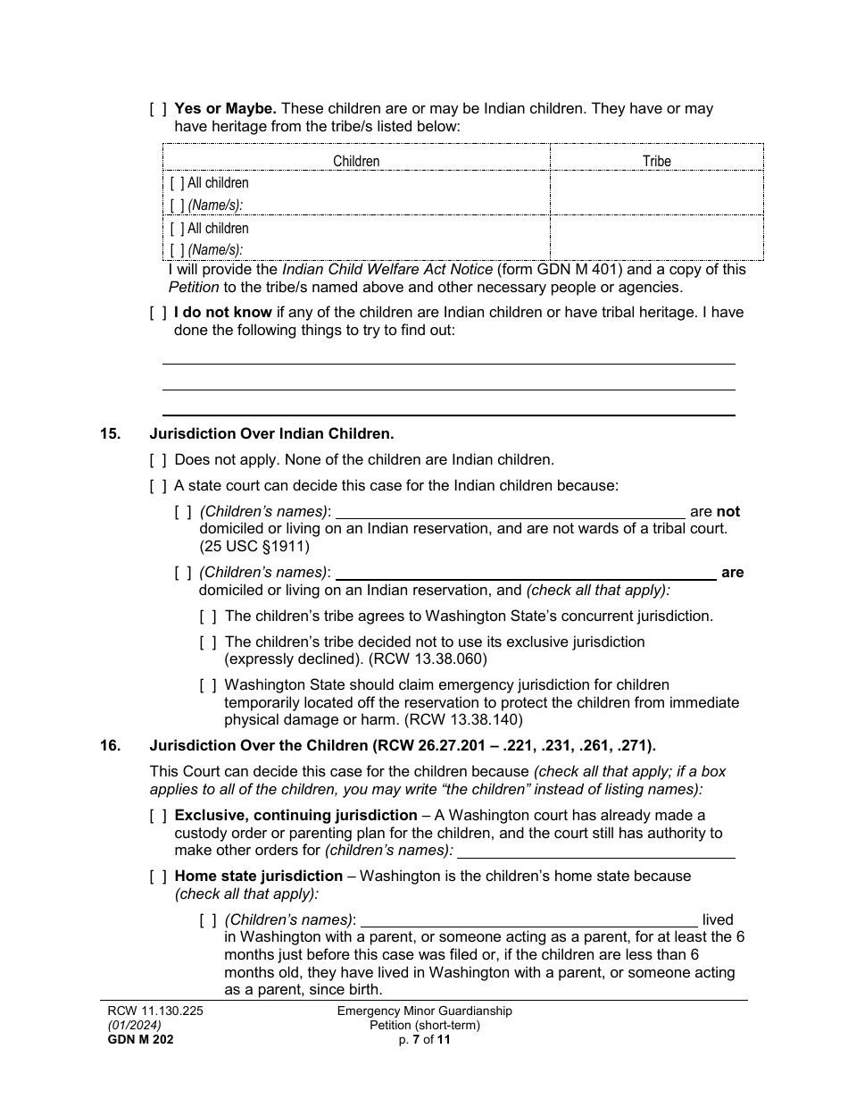 Form GDN M202 Emergency Minor Guardianship Petition (Short-Term) - Washington, Page 7