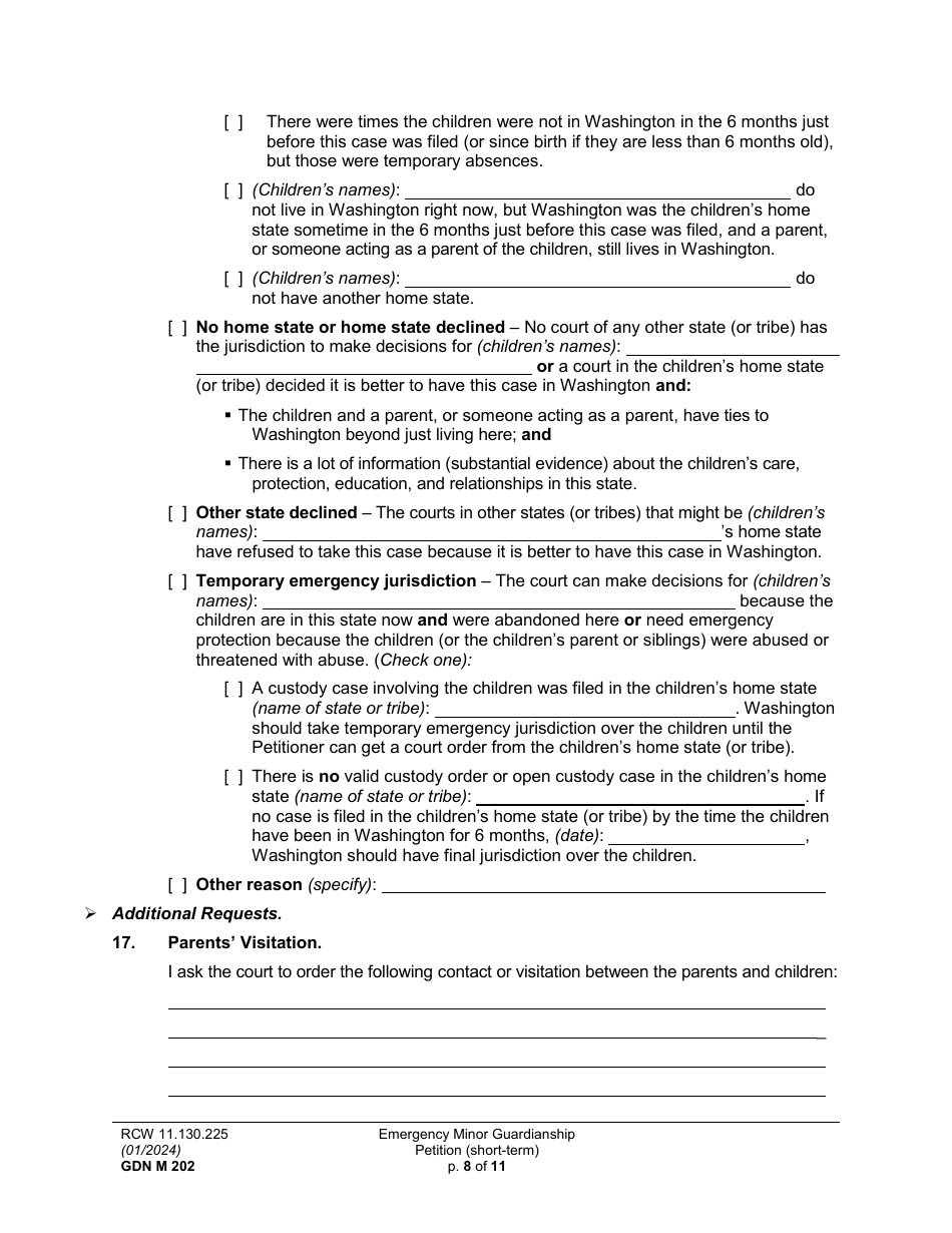 Form GDN M202 Emergency Minor Guardianship Petition (Short-Term) - Washington, Page 8
