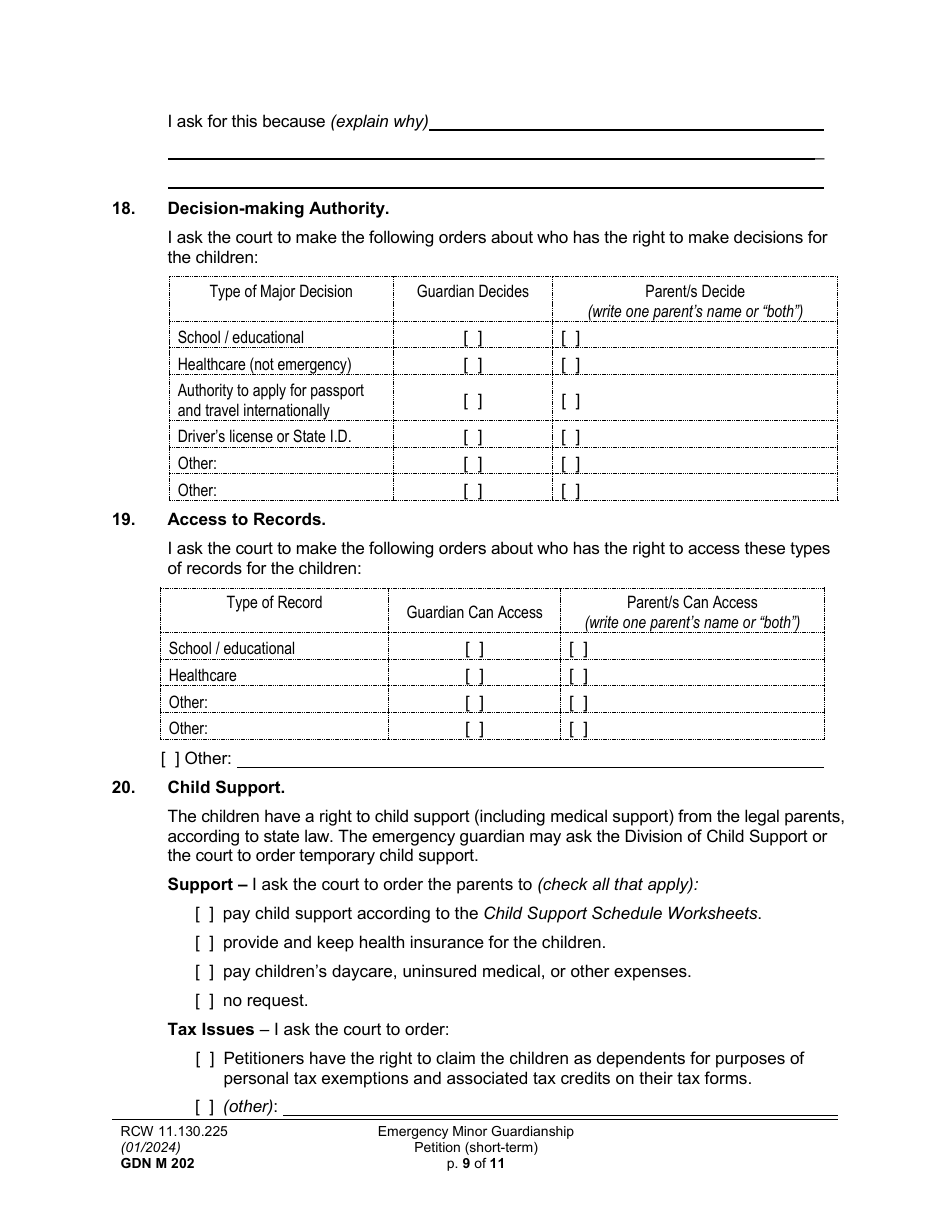 Form GDN M202 Emergency Minor Guardianship Petition (Short-Term) - Washington, Page 9