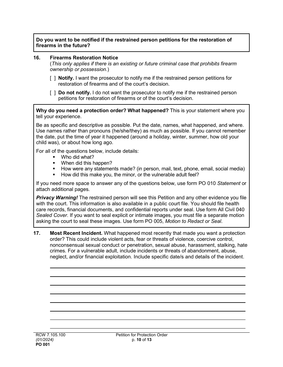 Form PO001 Petition for Protection Order - Washington, Page 10