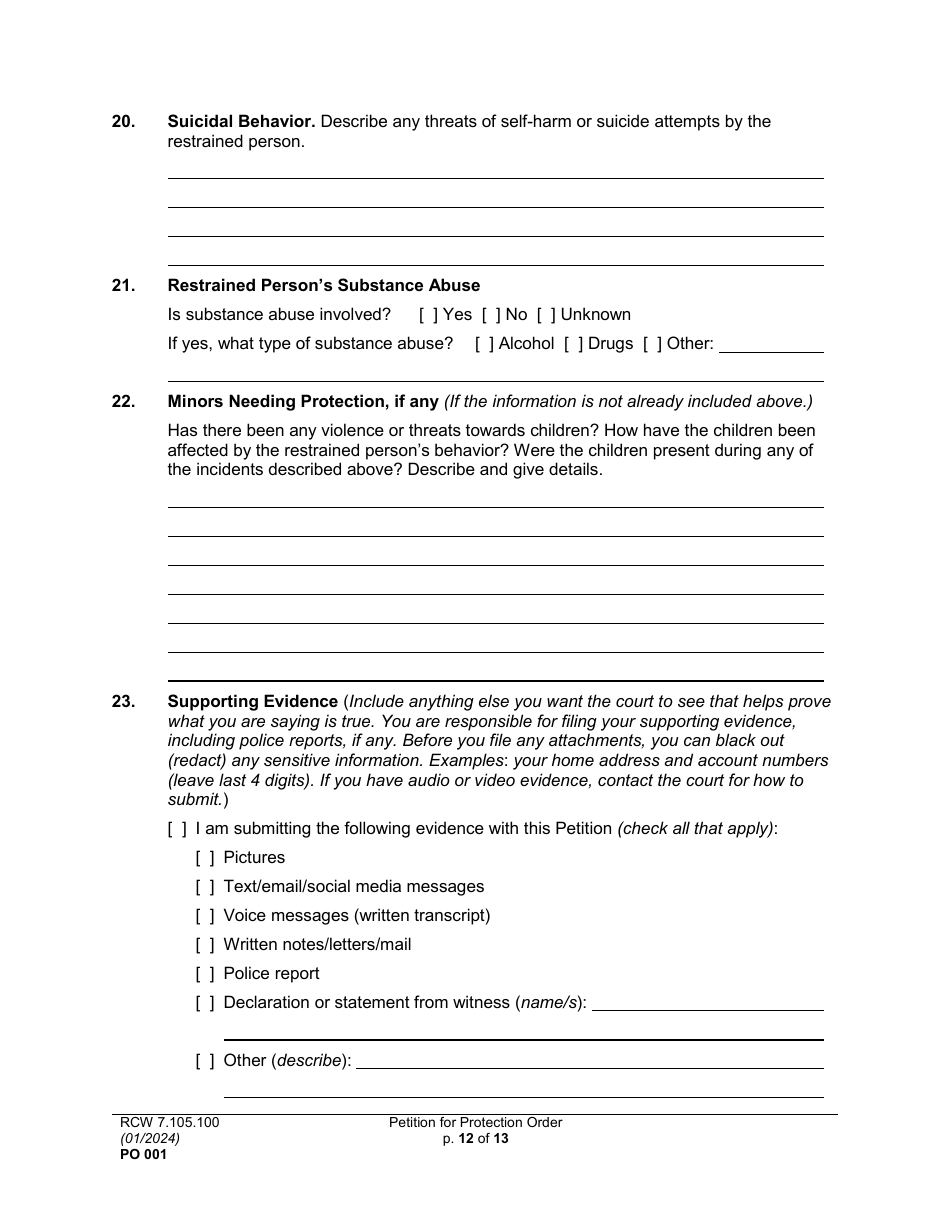 Form PO001 Petition for Protection Order - Washington, Page 12