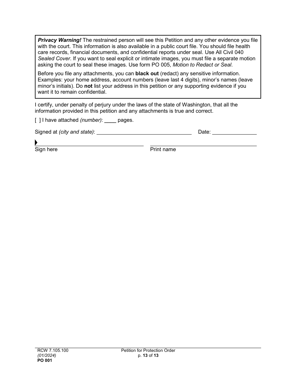 Form PO001 Petition for Protection Order - Washington, Page 13