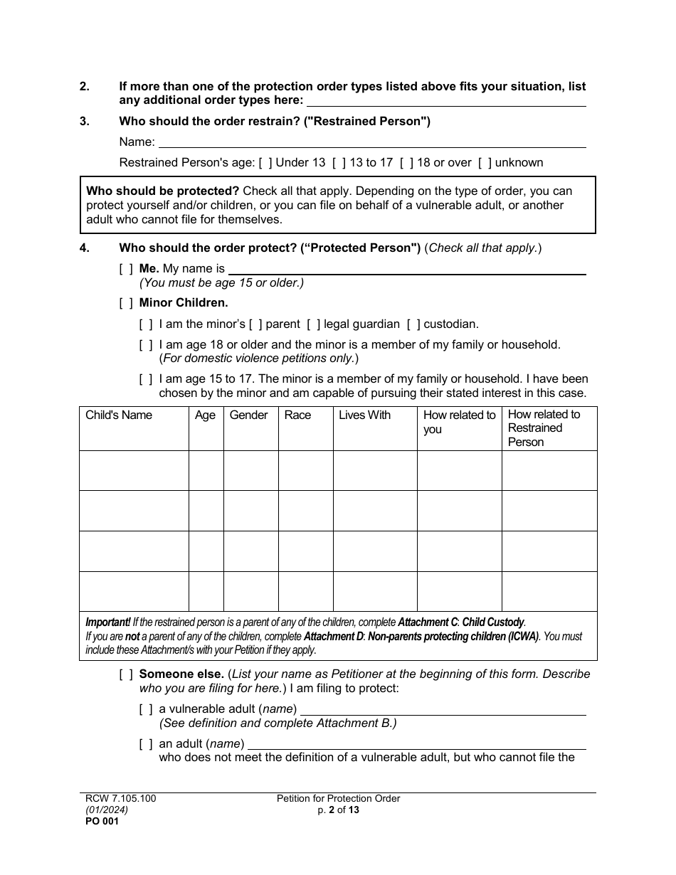 Form PO001 Petition for Protection Order - Washington, Page 2
