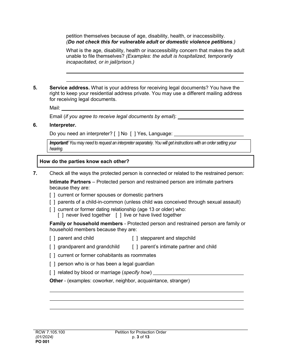 Form PO001 Petition for Protection Order - Washington, Page 3
